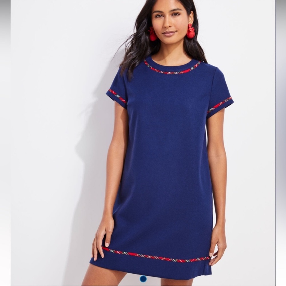 Women Vineyard Vines Deep Bay Blue Tartan Trim Ponte Dress Size 8